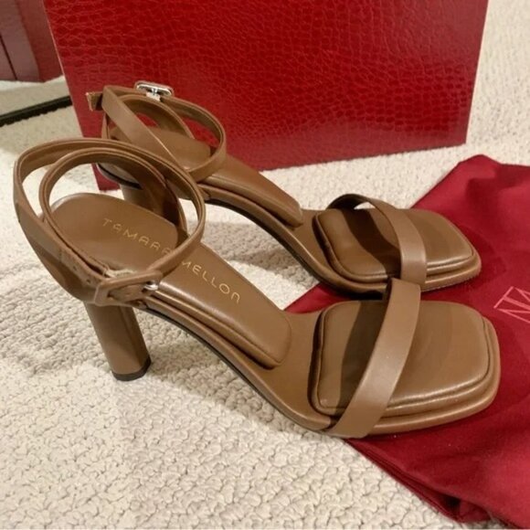 Tamara Mellon Sienna Brown Pillow-Top Solar 100 Nappa Leather Heeled Sandals - Picture 4 of 11